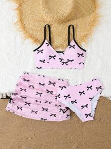 SHEIN Tween Girl Printed 3pcs Swimwear Set, Tankini - Pink - View 5