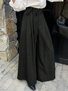 DAZY Women's Solid Color Casual Loose Drawstring Pleated Wide Leg Pants