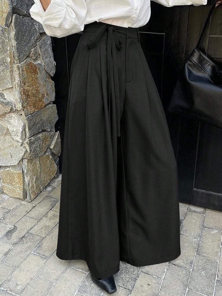 Women's Solid Color Casual Loose Drawstring Pleated Wide Leg Pants