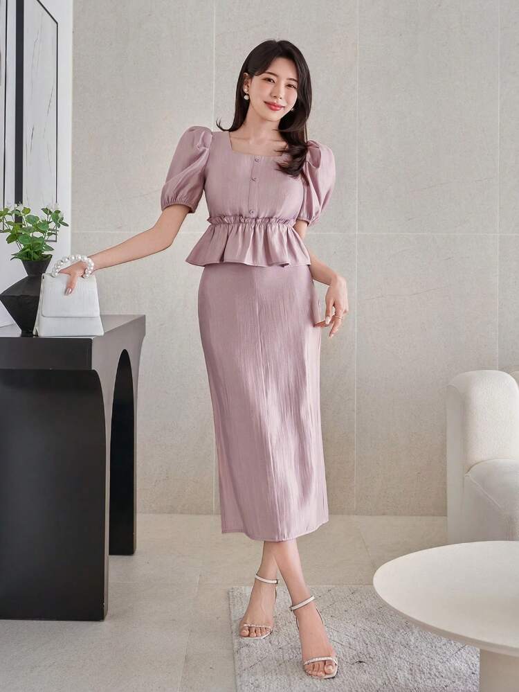 Women's Solid Color Square Collar Puff Sleeve Blouse And A-Line Skirt 2 Pieces Set,Ruffle