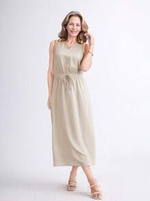SHEIN LUNE Spring/Summer Casual Solid O-Neck Sleeveless Elasticated Waist Long Dress For Women - Khaki - View 3