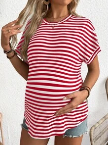 SHEIN Loose Fit White Short Sleeve Striped Maternity T-Shirt - Red and White - View 5