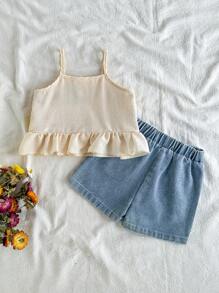 SHEIN 2 piezas Conjunto estilo vintage veraniego para niñas, top de estilo francés de camiseta y pantalones cortos de jean, adecuado para uso en exteriores - Multicolor - Ver 7