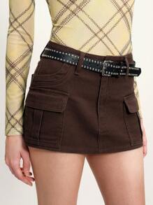 Arave Women's Casual Brown Denim Mini Skirt With Pockets - Coffee Brown - View 2