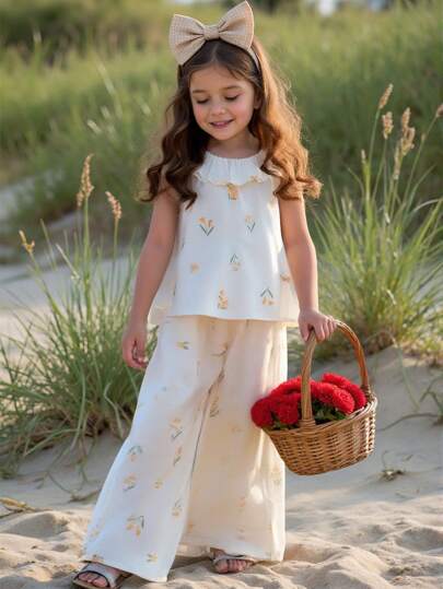 Emery Rose Kids Emery Rose Kids Young Girl 2Pcs Set: Ditsy Floral Chiffon Ruffle Trim Top And Relaxed Fit Pants