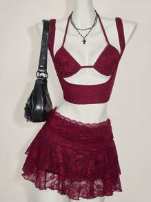 SHEIN ICON Y2K 性感节庆酒红色蕾丝吊带背心和多层迷你裙 2 件套 - 酒紅色 - 查看 3
