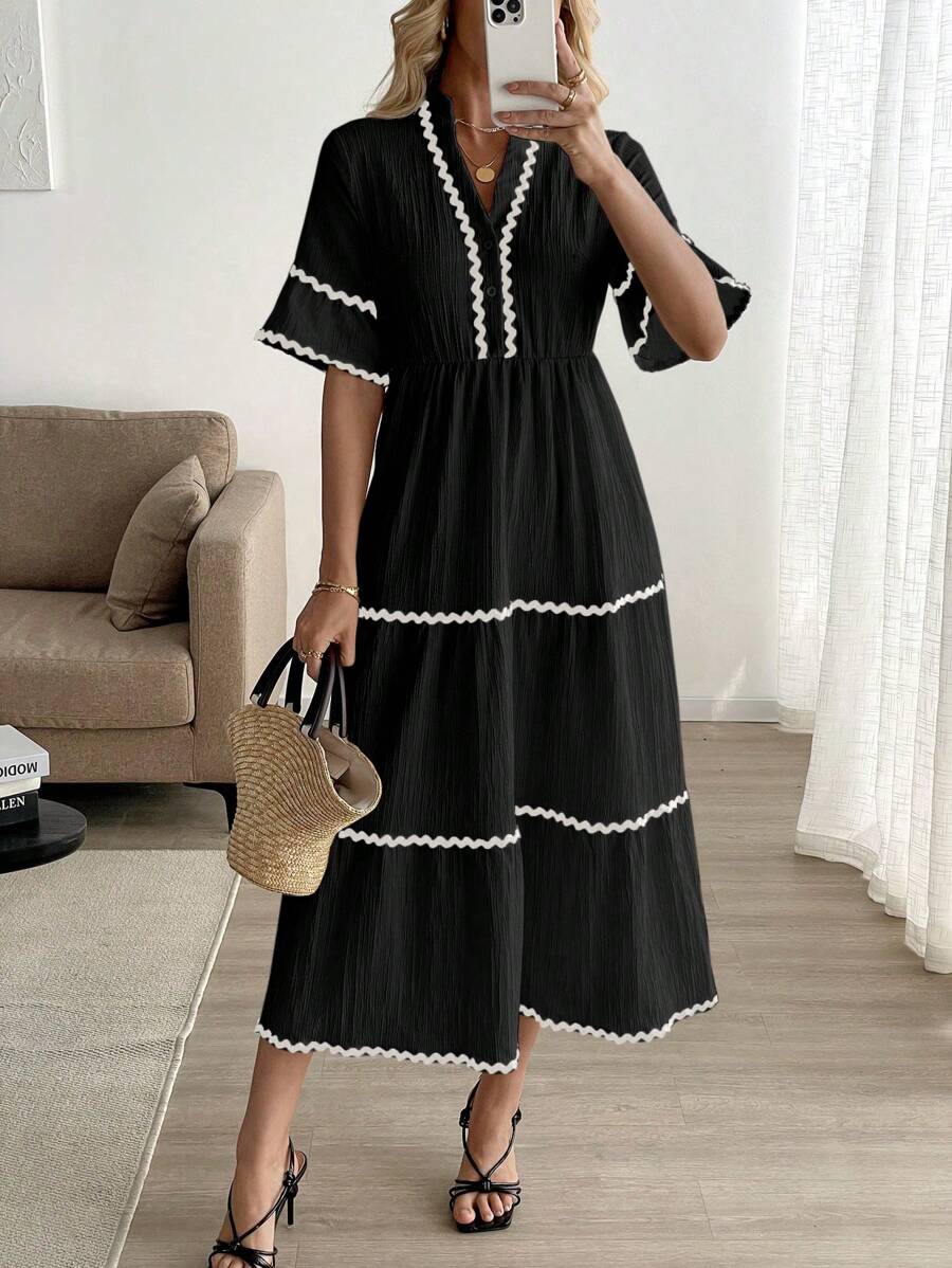 Breezaya 女士度假风 3D 荷叶边装饰连衣裙 - 黑色 - 查看 1