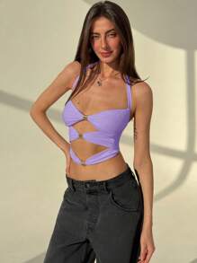 Aloruh 性感露背交叉带紧身金属装饰多层背心 - 紫色 - 查看 6