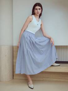 MOTF STUDIO 对比腰带百褶裙 - 藍色 - 查看 1