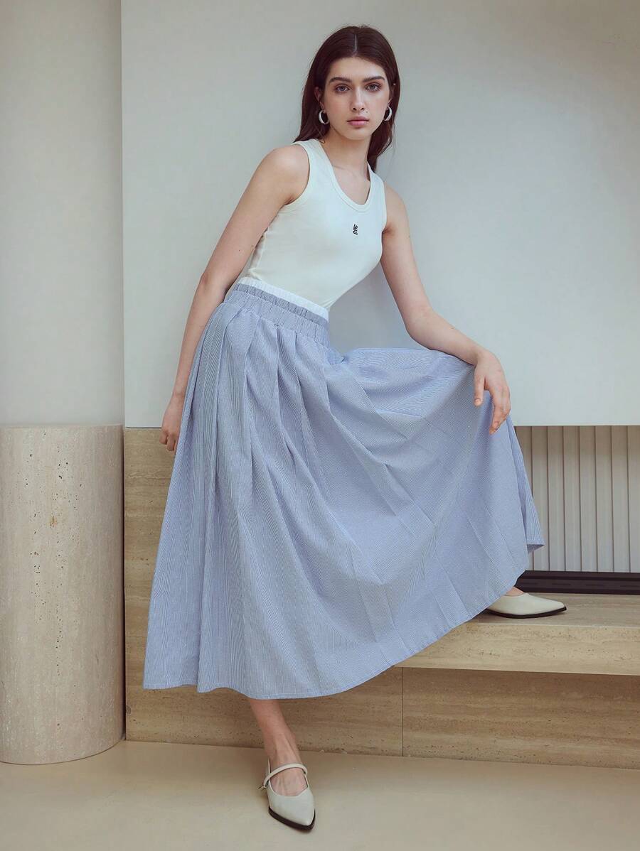MOTF STUDIO 对比腰带百褶裙 - 藍色 - 查看 1
