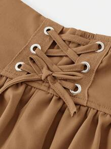 年轻女孩休闲双层裙子，带荷叶边下摆和侧系带，非常适合秋冬季休闲日常穿着和学校日常穿着，妈妈和女儿搭配，姐妹和我搭配 - 咖啡棕 - 查看 3