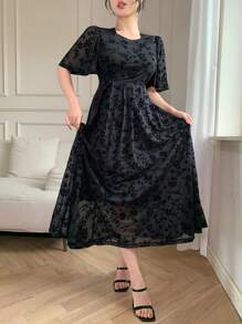 DAZY 女式 A 字形荷叶边袖中长连衣裙，适合夏季的简约风格 - 黑色 - 查看 4
