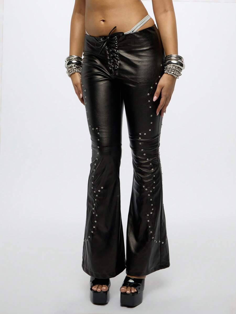 SUMWON WOMEN Studded Lace-Up Flare PU Leather Pants Gothic Punk Rock ...