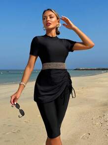 Swim Mulvari Conjunto de 2 piezas de traje de baño elegante y conservador para damas - Top de cuello redondo pequeño con cinturón tejido dorado y cordón, y pantalón de baño tipo burkini de unicolor de 5 puntos