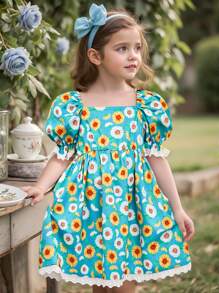 SHEIN Young Girl Ditsy Floral Puff Sleeve Fitted Mini Dress