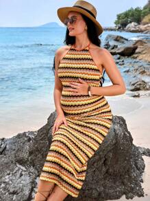 SHEIN Vestido de maternidad entallado sin espalda a rayas casual de vacaciones