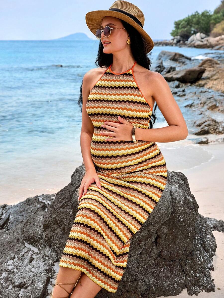 SHEIN Vacation Casual Striped Backless Bodycon Maternity Dress