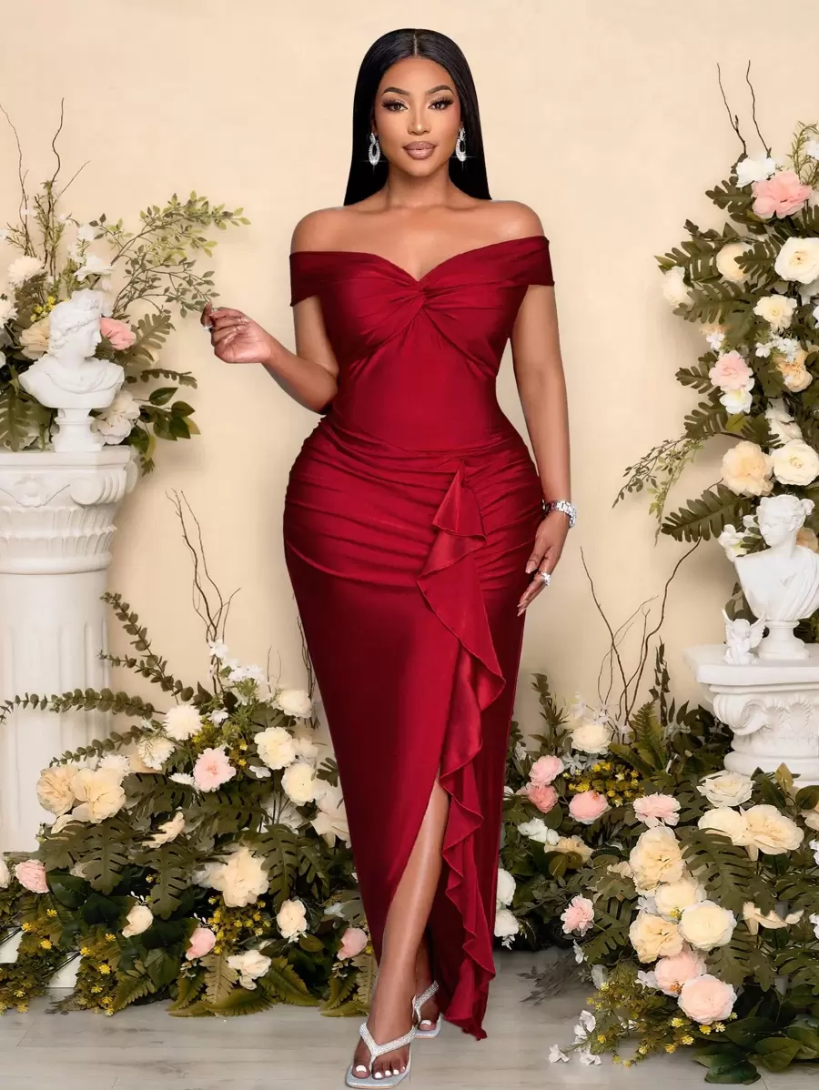 SOLERSUN 春夏女装婚纱派对酒红色无袖单肩前襟扭褶装饰前襟开叉侧边大码针织连衣裙秋冬面料连衣裙多款式扭褶设计连衣裙派对连衣裙圣诞连衣裙新年连衣裙 - 紅色 - 查看 1