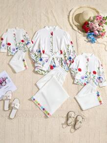 SHEIN 2pcs/Set Women's Simple & Elegant Floral Embroidery Pattern Long Sleeve Blouse And Pants Set