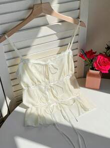 SHEIN EZwear Apricot Lace Bandeau Top For Women, Minimalist & Fashionable, Suitable For Summer - Apricot - View 5