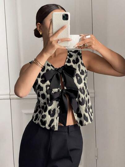 Serisse 女士豹纹前系带无袖时尚衬衫