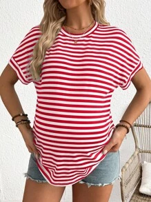 SHEIN Loose Fit White Short Sleeve Striped Maternity T-Shirt - Red and White - View 6
