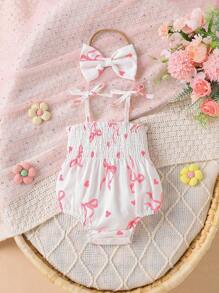 2件套女婴可爱兔子印花无袖连体衣和蝴蝶结发带套装，甜美可爱，适合夏季/复活节 - 白色 - 查看 3