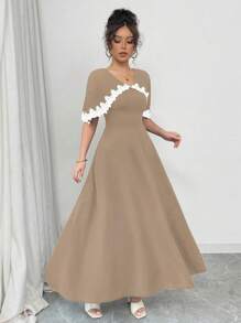 Chiquease Women's Elegant Colorblock Ruffle Detail Long Dress With Cape, Spring/Summer - Khaki - View 3