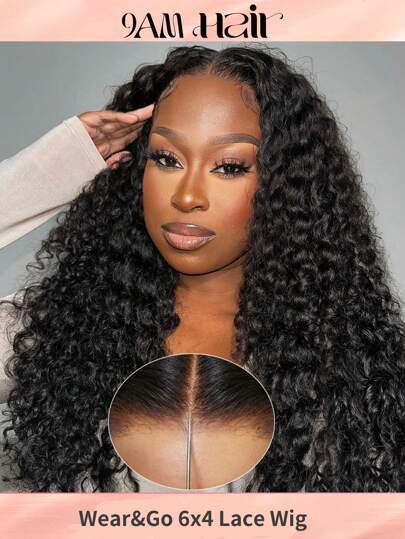 Wear&Go 6X4 Kinky Curly Human Hair Glueless Wig Curly Wigs Transparent Pre Cut Lace Frontal Wig Pre Plucked Hairline Ready To Wear Lace Closure Wig Natural Black Color Beginner Friendly 14-26Inch Affordable Wigs