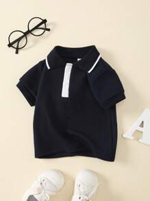 SHEIN Boys' Solid Color Polo Collar Turndown Collar T-Shirt, Academic Style Outdoor New Versatile Short Sleeve Regular Boys Top, Spring/Summer - Multicolor - View 3