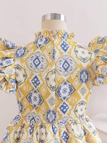 Tween Girls Elegant Geometric Retro Print Ruched Ruffle Hem Dress, Vacation, Gorgeous Palace Style, Gold Retro Print - Khaki - View 13