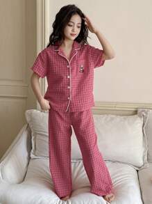 Dazy Kids Tween Girl Plaid Printed & Embroidered Short Sleeve Top And Pants Homewear Set, Spring/Summer - Rose Red - View 4