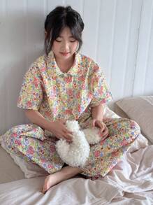 Dazy Kids 两件套少女彼得潘领梭织短袖上衣+梭织印花长裤睡衣套装，春夏碎花睡衣，返校季/假期/复活节服装 - 彩色 - 查看 2