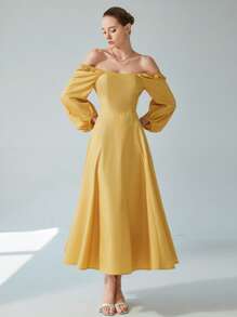 Aveloria Modichic Vestido holgado de manga farol con cintura ceñida, de estilo bohemio, en unicolor, elegante para vacaciones y playa, con opción de llevar off shoulder, para mujer - Amarillo - Ver 1