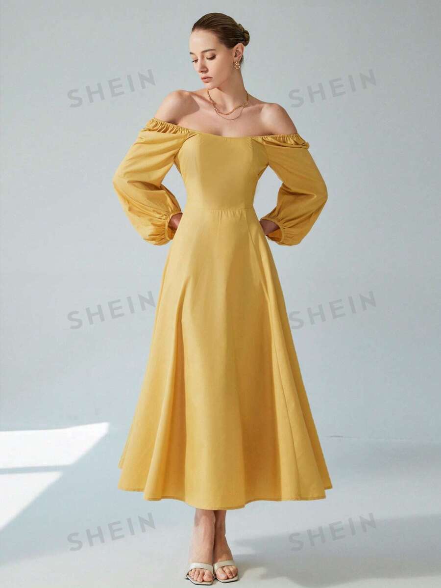 Aveloria Modichic Vestido holgado de manga farol con cintura ceñida, de estilo bohemio, en unicolor, elegante para vacaciones y playa, con opción de llevar off shoulder, para mujer - Amarillo - Ver 1