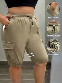 SHEIN LUNE LUNE 大码女式休闲工装短裤，简约时尚，适合日常穿着，夏季百搭，春假、锐舞派对、春夏皆宜。 - 卡其色 - 查看 1