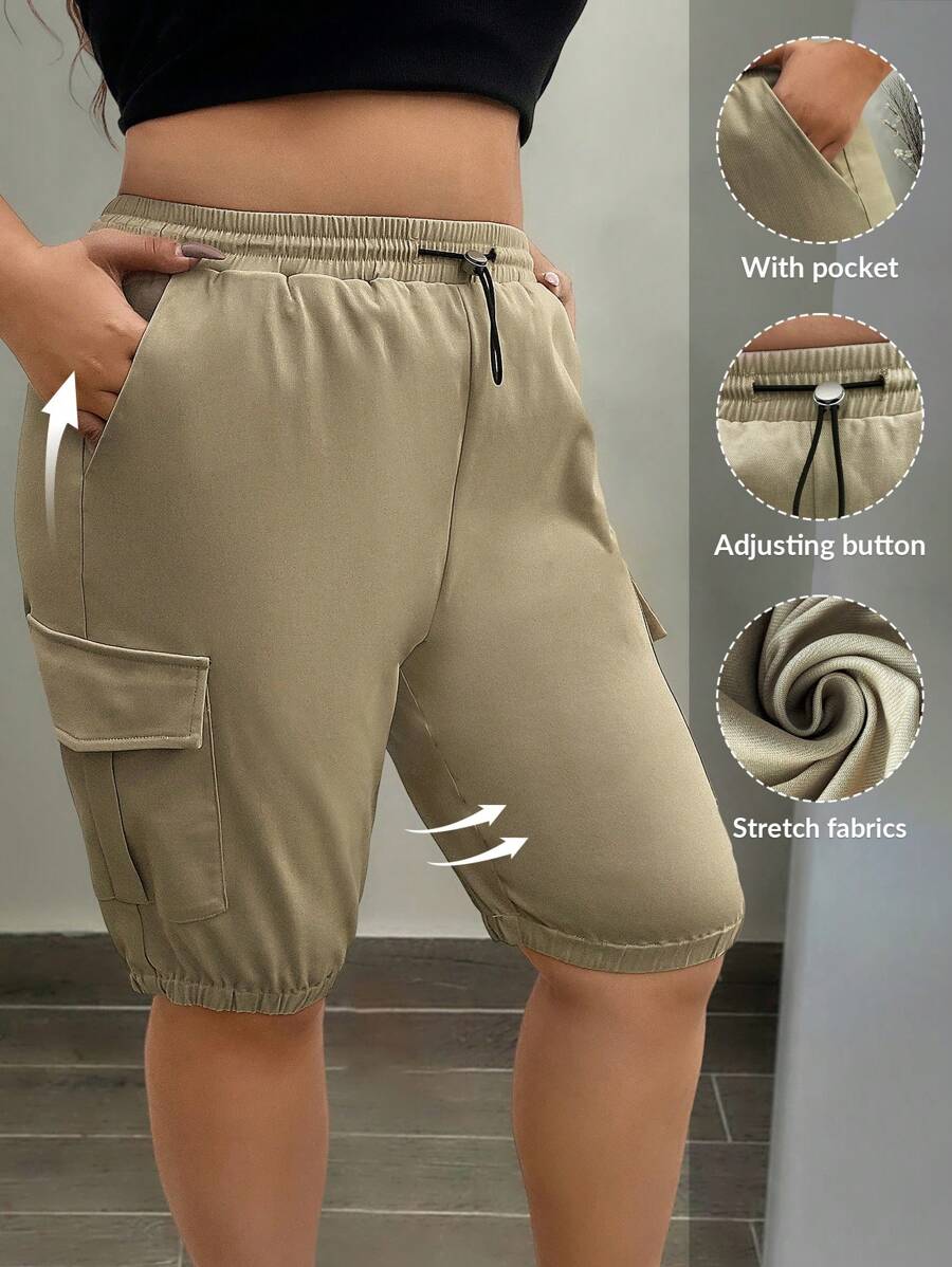SHEIN LUNE LUNE 大码女式休闲工装短裤，简约时尚，适合日常穿着，夏季百搭，春假、锐舞派对、春夏皆宜。 - 卡其色 - 查看 1