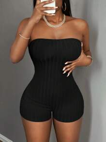 Slaydiva Women's Ribbed Strapless Jumpsuit Jumpsuit Shorts - Style A - Black - View 6