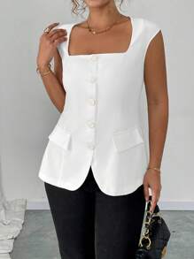 Elenzga Áo blazer/vest nữ cỡ lớn thanh lịch, cổ vuông, không tay, mỏng nhẹ, thích hợp cho lễ tốt nghiệp, tựu trường, hoặc dành cho giáo viên. - trắng - Xem 5
