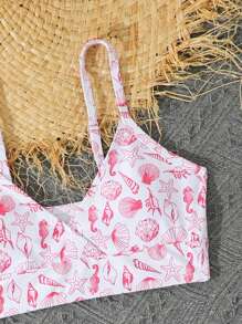 SHEIN 3pcs/Set Tween Girl Printed Tankini Swimwear - Hot Pink - View 5