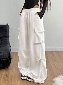 Coolane 黑色带盖口袋侧抽绳腰部降落伞工装裤 - 白色 - 查看 4