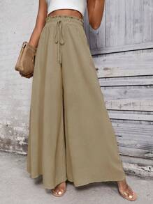 Breezaya Black Casual Wide Leg Pants, Solid Color Minimalist, Suitable For Summer Fall Cloth For Women - Khaki - View 6