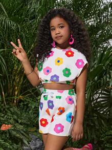 少女夏日假期花卉印花宽松圆领无袖上衣和迷你短裤套装，母女装（单独出售，2 套） - 白色 - 查看 5