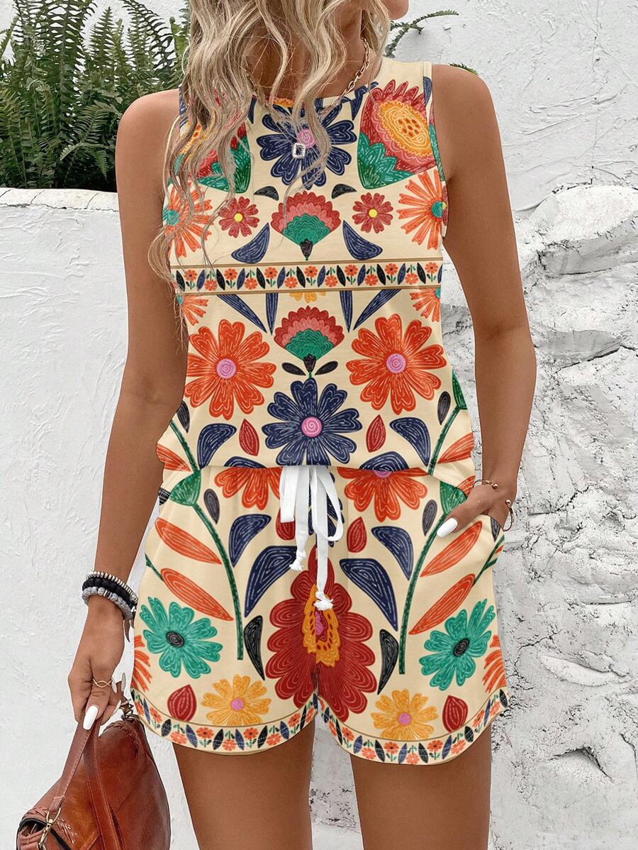 SHEIN LUNE 2 piezas Conjunto informal con estampado floral, apto para tallas grandes, verano - Multicolor - Ver 1