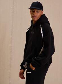 Men Contrast Panel "Musero" Slogan Graphic Print Hoodie - Black and White - View 2