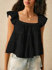 SHEIN Frenchy Women's Summer Casual Solid Color Ruffle Trim Shirt