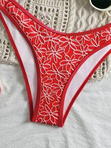 SHEIN Swim Bộ 2 món/Bộ đồ bơi nữ vải họa tiết hoa bãi biển mùa hè hoa vàng và quần bikini dây mảnh xẻ cao, đồ tắm, trang phục đi nghỉ - Đỏ - Xem 4