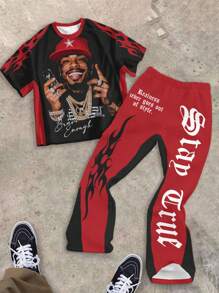 SHEIN Cooles Silhouetten- und Flammen-Muster Hiphop-Stil Teenager Tween Jungen Loose Fit Rundausschnitt Kurzarm T-Shirt & weitausgestellte Hose 2-teiliges Set, geeignet für Frühling und Sommer