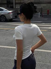 DAZY Slim Fit Solid Color Fashion Casual Women's T-Shirt Summer White Top - White - View 2