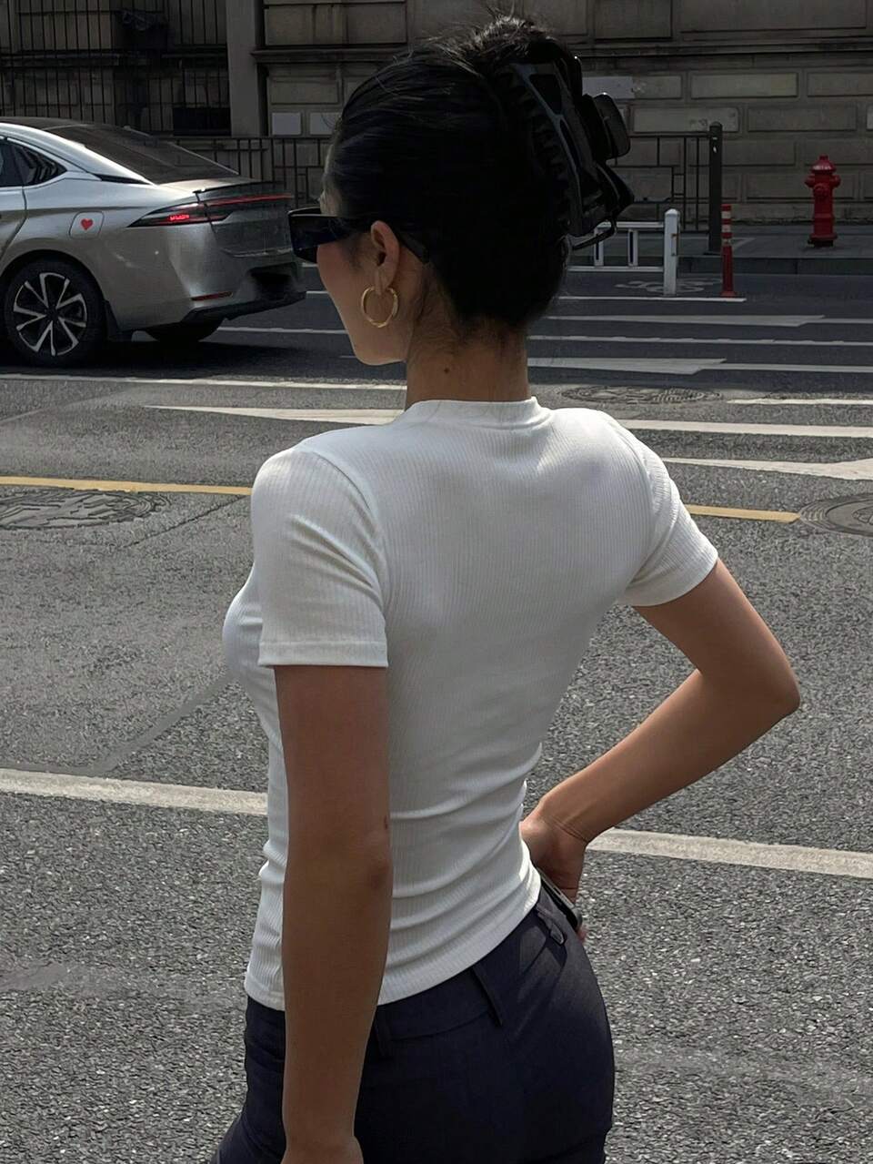 Slim Fit Solid Color Fashion Casual Women's T-Shirt Summer White Top